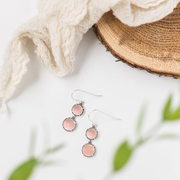 Recycled Antique Pink Depression Glass Sterling Silver Double Take Earrings - Picture 4 of 5